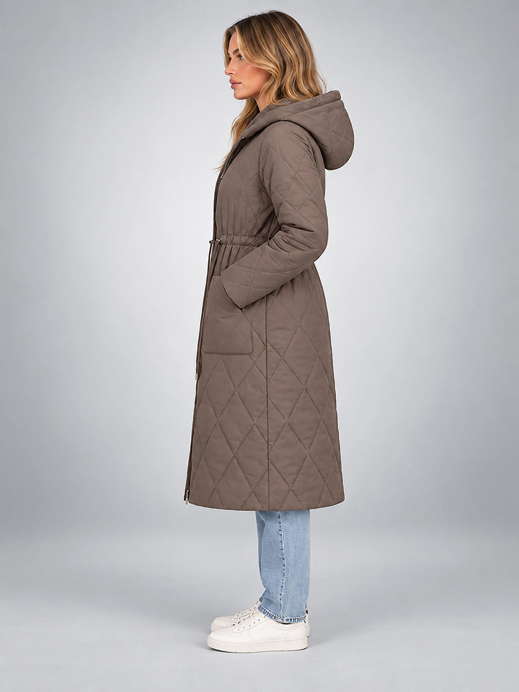 Women's Quilted Parka – Hooded Drawstring Waist - Taupe