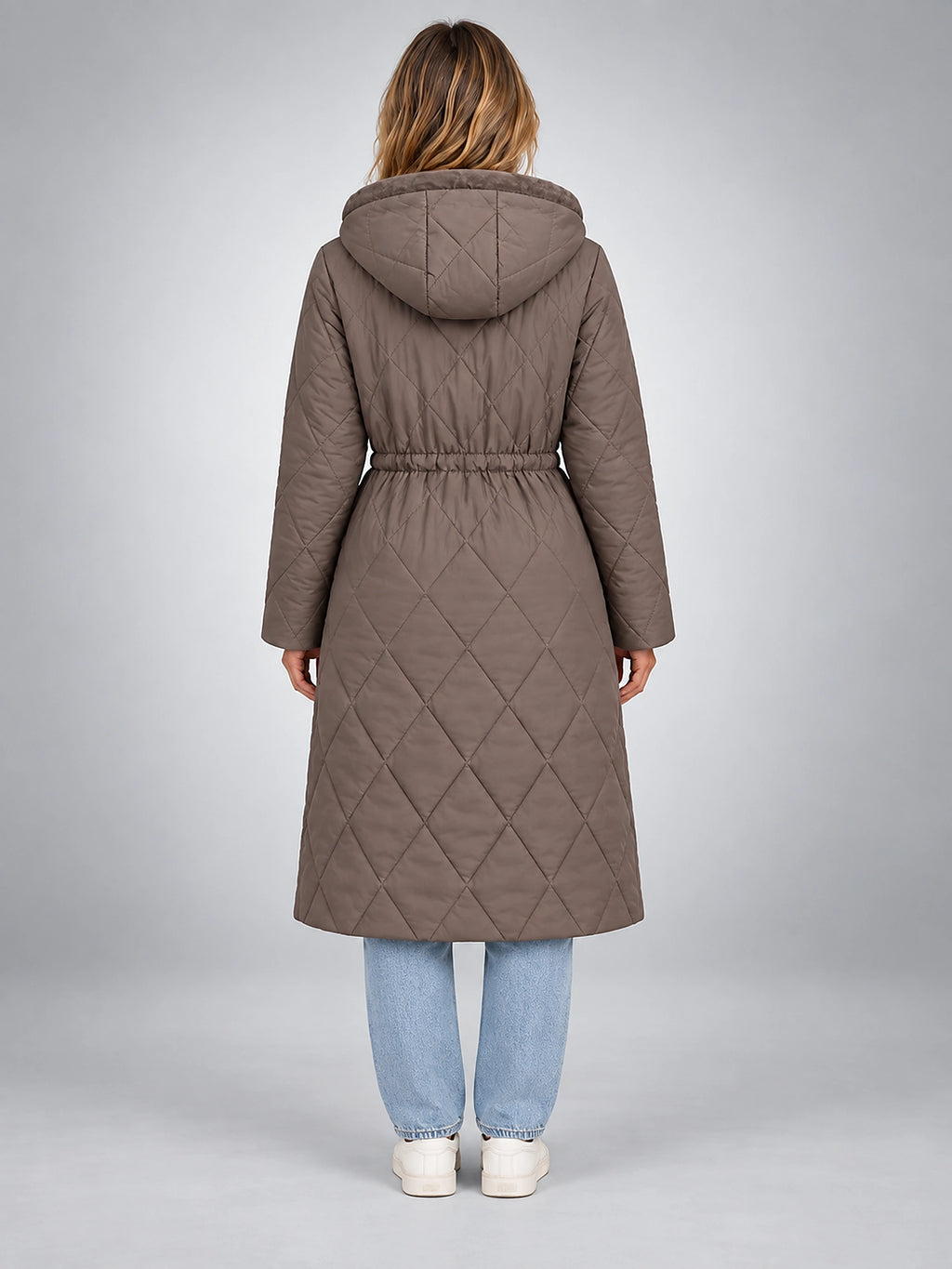 Women's Quilted Parka – Hooded Drawstring Waist - Taupe