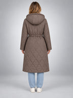 Women's Quilted Parka – Hooded Drawstring Waist - Taupe