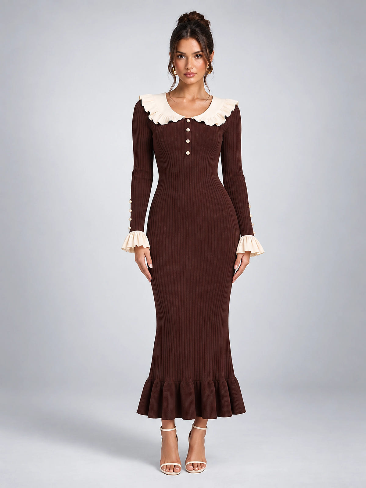 Women's Knit Sweater Dress – Pearl Buttons and Ruffled Collar - Chocolate Brown