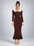 Women's Knit Sweater Dress – Pearl Buttons and Ruffled Collar - Chocolate Brown