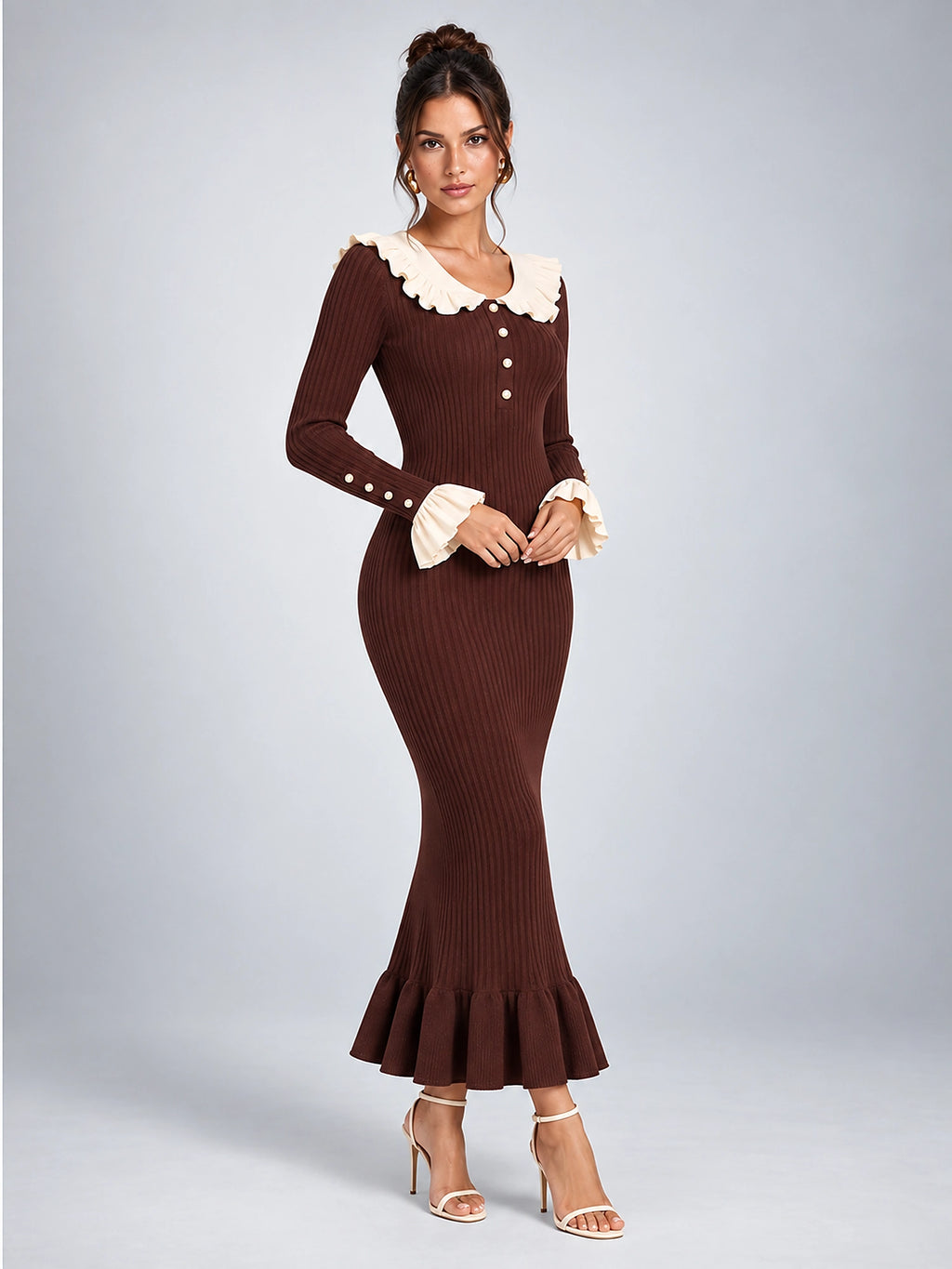 Women's Knit Sweater Dress – Pearl Buttons and Ruffled Collar - Chocolate Brown