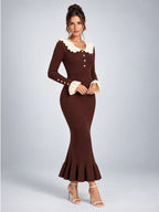 Women's Knit Sweater Dress – Pearl Buttons and Ruffled Collar - Chocolate Brown