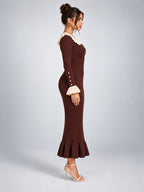 Women's Knit Sweater Dress – Pearl Buttons and Ruffled Collar - Chocolate Brown