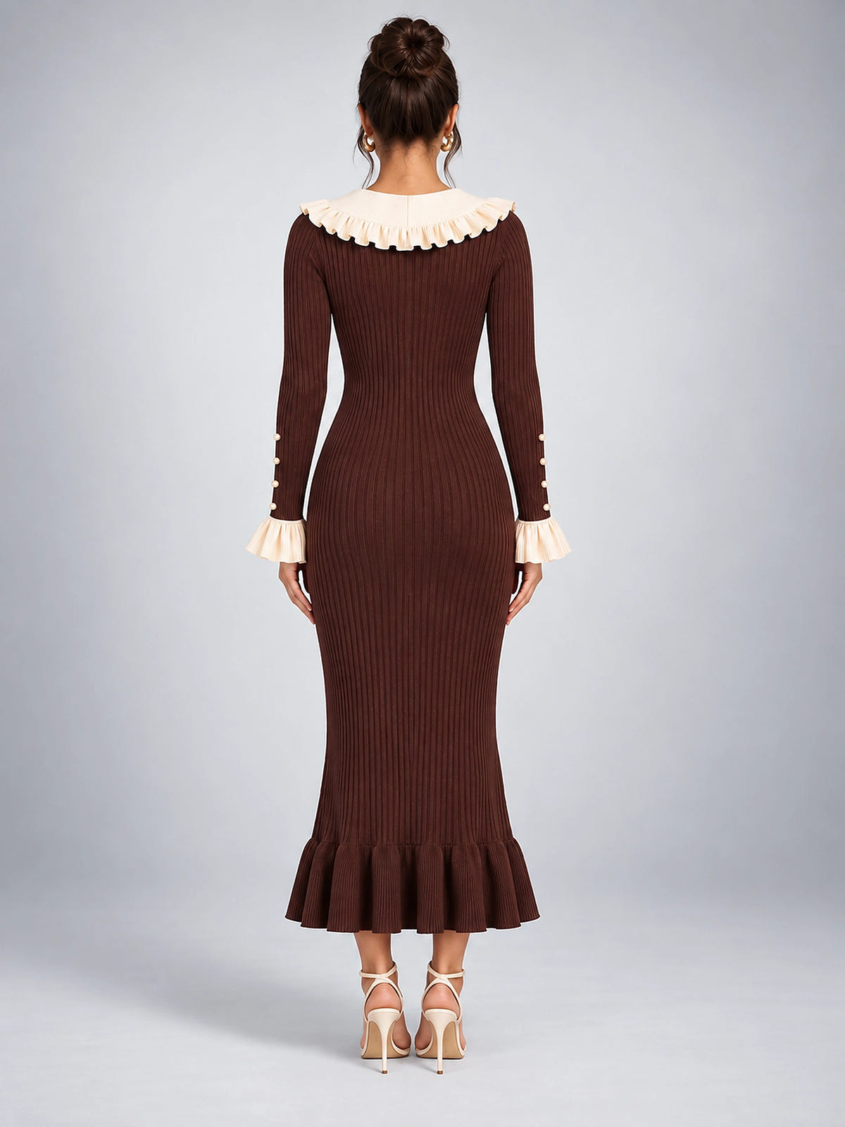 Women's Knit Sweater Dress – Pearl Buttons and Ruffled Collar - Chocolate Brown