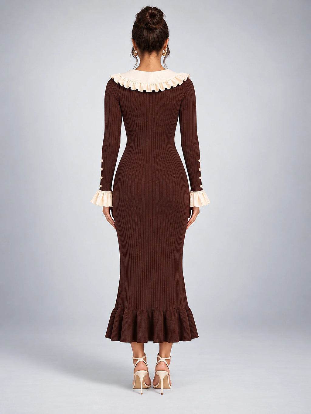 Women's Knit Sweater Dress – Pearl Buttons and Ruffled Collar - Chocolate Brown
