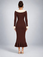 Women's Knit Sweater Dress – Pearl Buttons and Ruffled Collar - Chocolate Brown