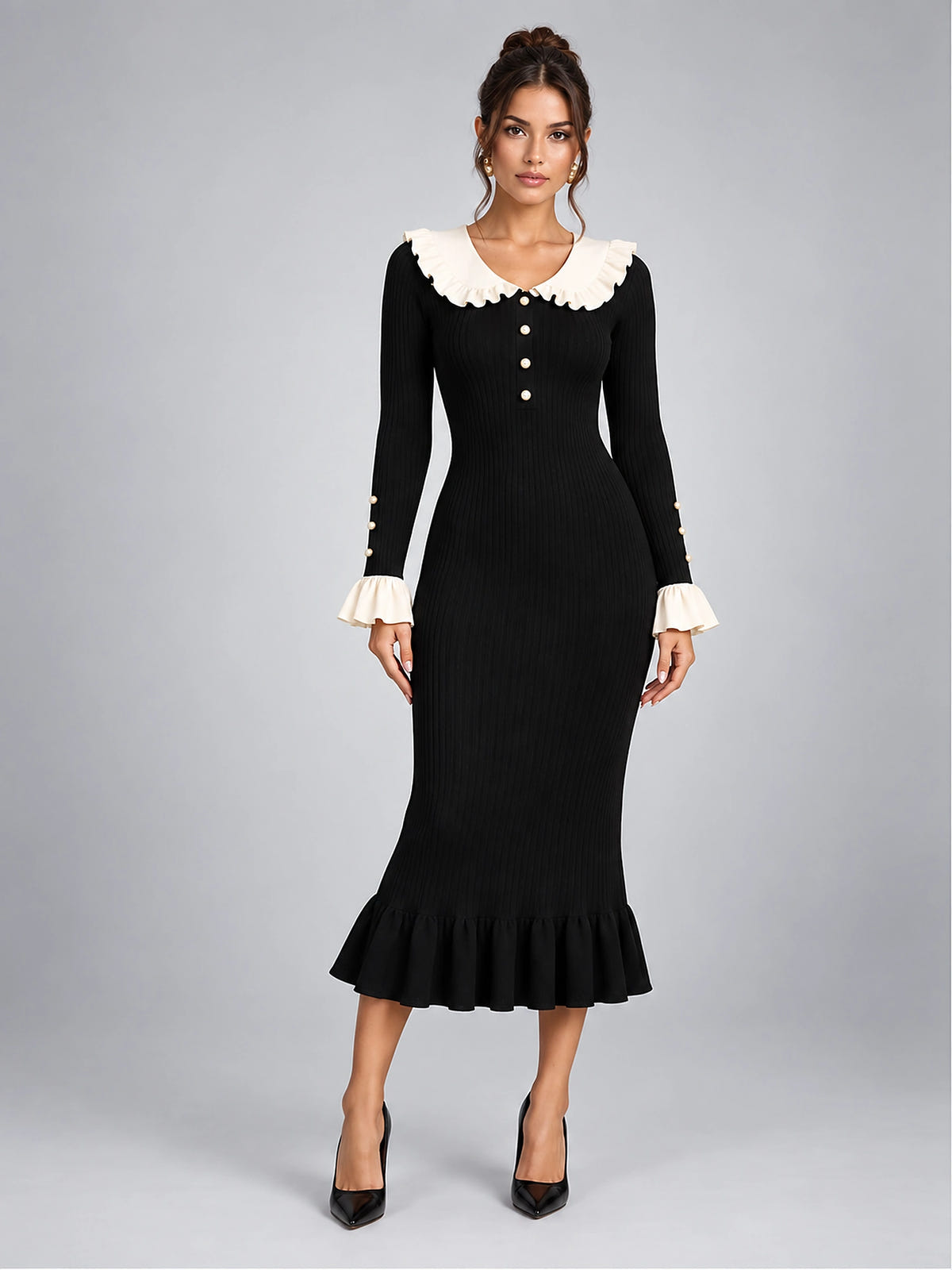 Women's Knit Sweater Dress – Pearl Buttons and Ruffled Collar - Black