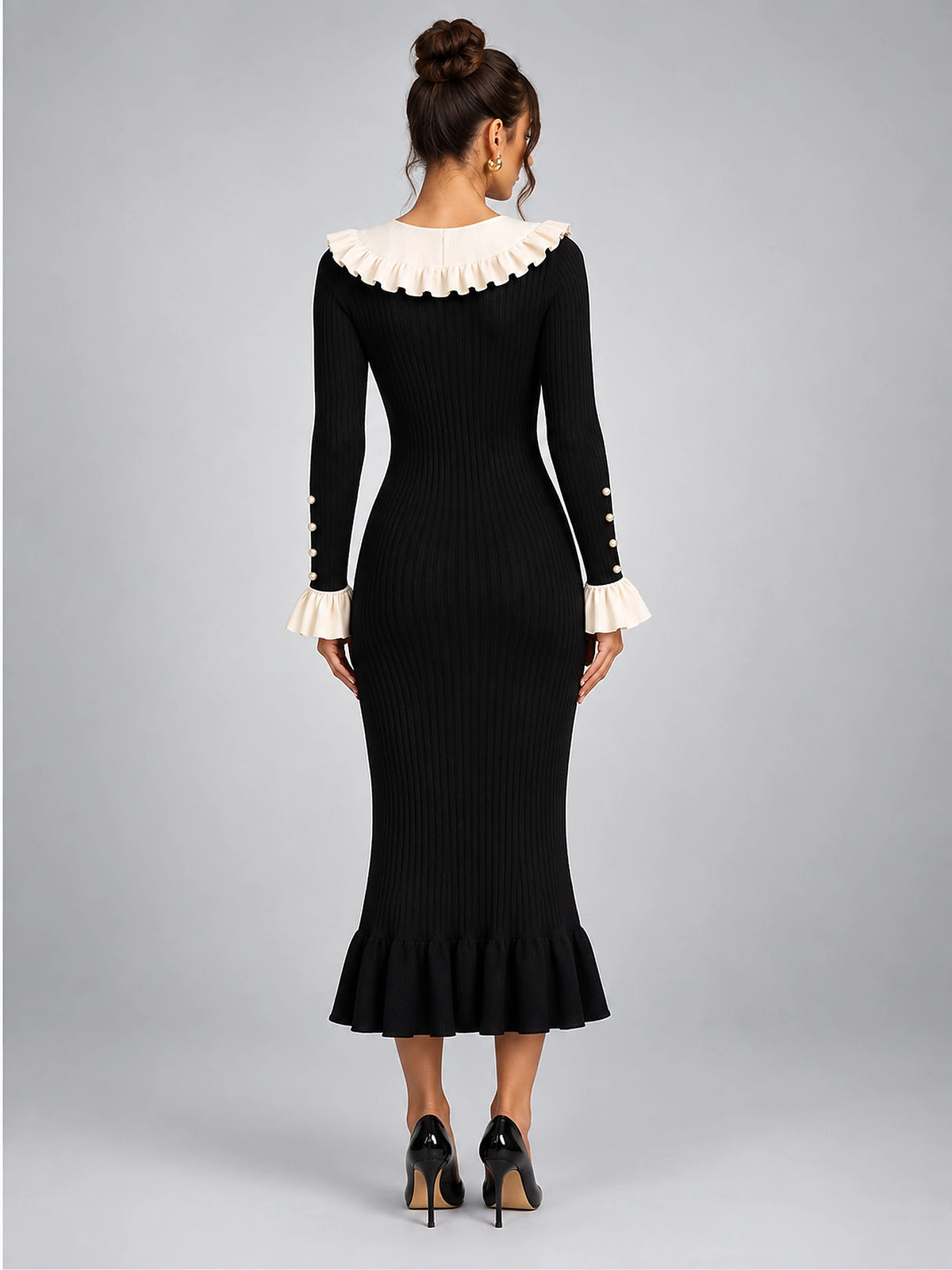 Women's Knit Sweater Dress – Pearl Buttons and Ruffled Collar - Black