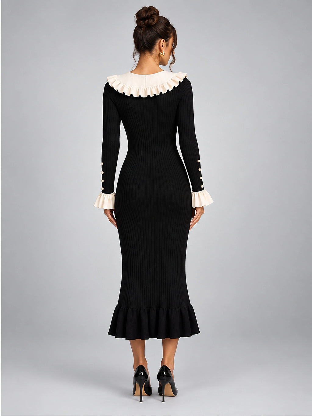 Women's Knit Sweater Dress – Pearl Buttons and Ruffled Collar - Black