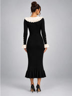 Women's Knit Sweater Dress – Pearl Buttons and Ruffled Collar - Black