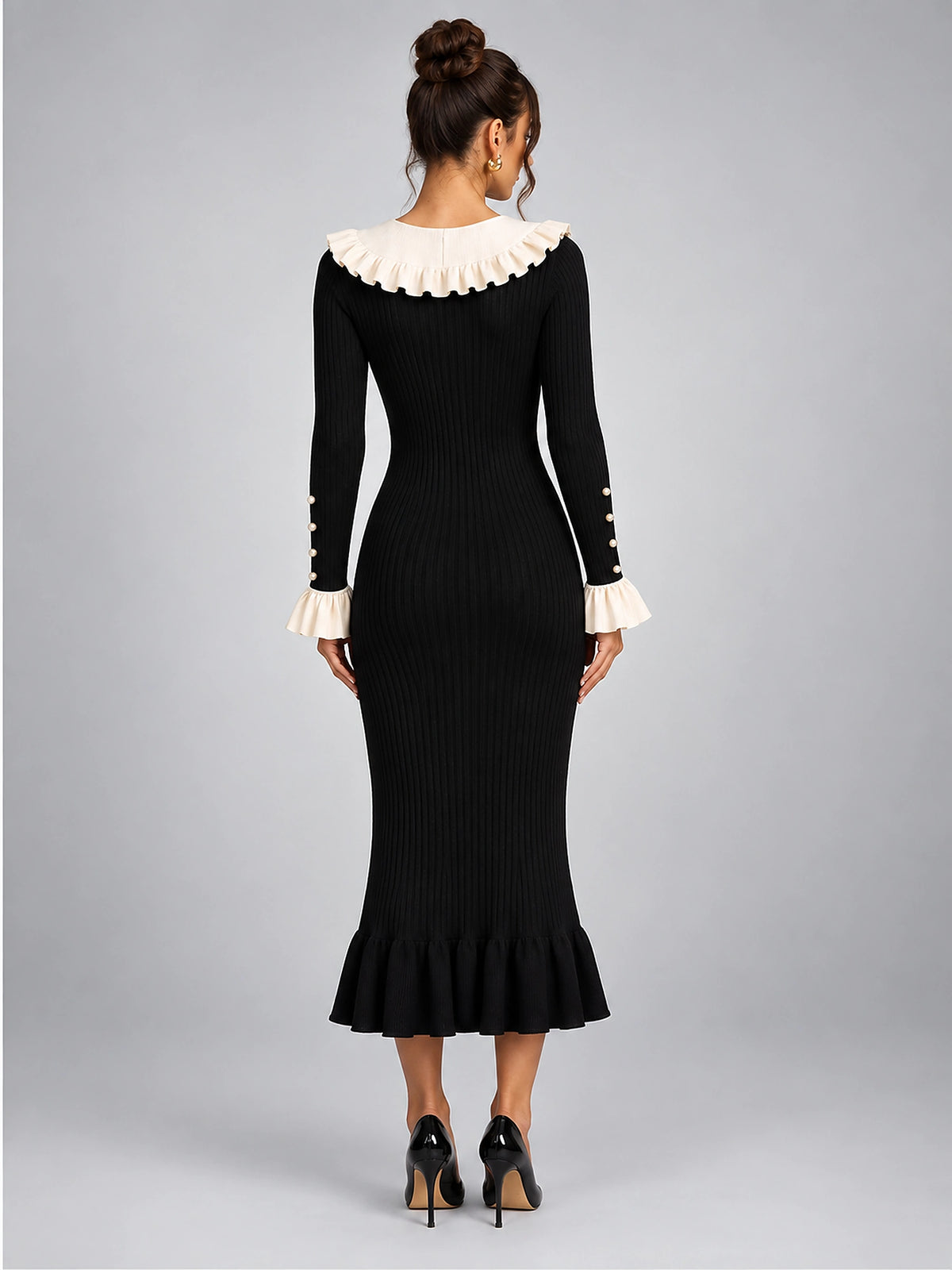 Women's Knit Sweater Dress – Pearl Buttons and Ruffled Collar - Black