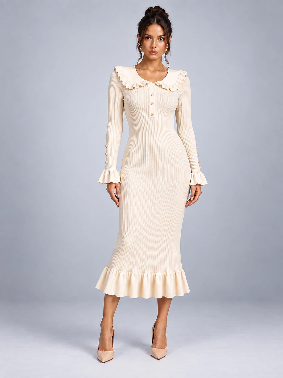 Women's Knit Sweater Dress – Pearl Buttons and Ruffled Collar - Ivory