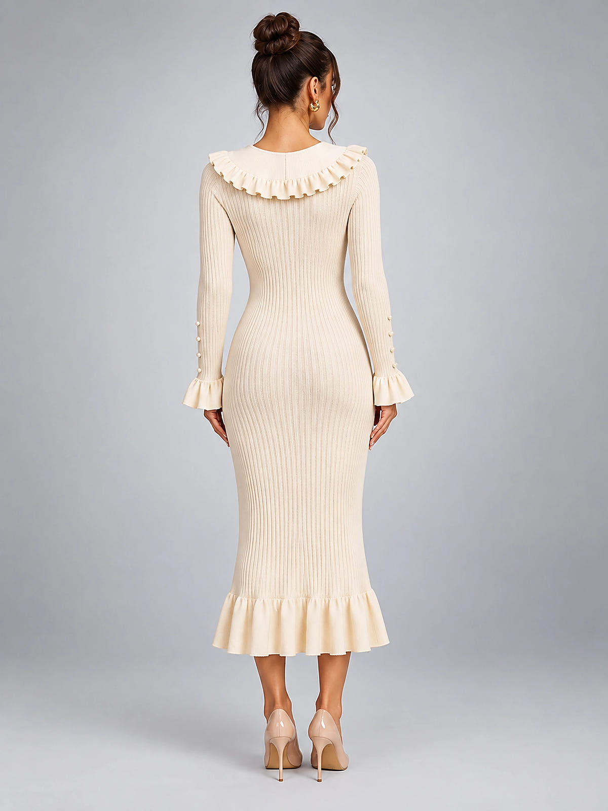 Women's Knit Sweater Dress – Pearl Buttons and Ruffled Collar - Ivory