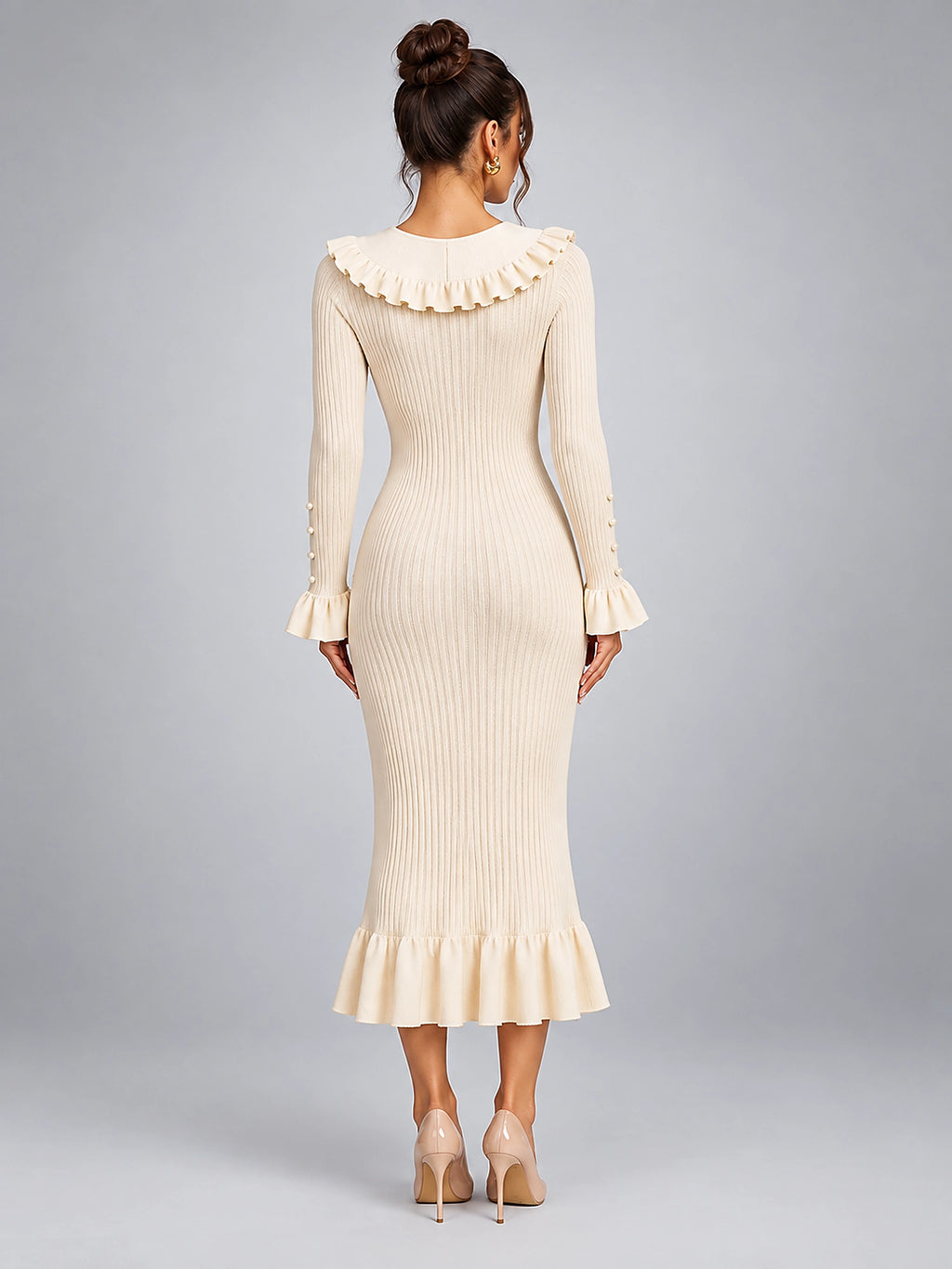 Women's Knit Sweater Dress – Pearl Buttons and Ruffled Collar - Ivory