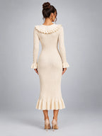 Women's Knit Sweater Dress – Pearl Buttons and Ruffled Collar - Ivory