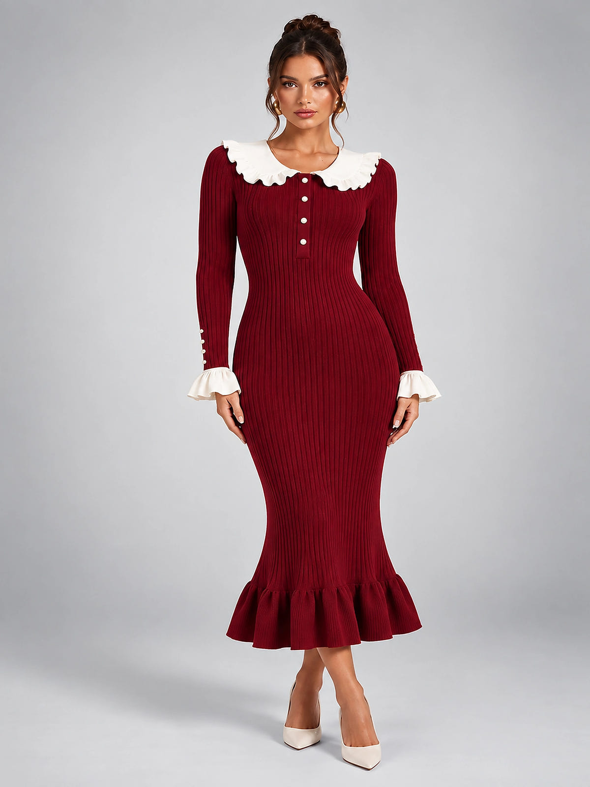Women's Knit Sweater Dress – Pearl Buttons and Ruffled Collar - Burgundy