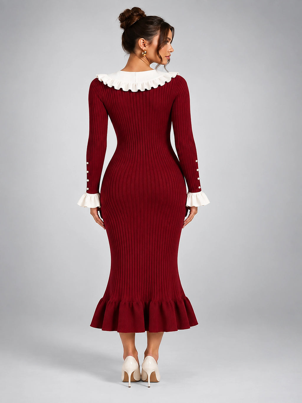 Women's Knit Sweater Dress – Pearl Buttons and Ruffled Collar - Burgundy