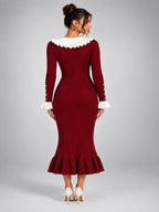 Women's Knit Sweater Dress – Pearl Buttons and Ruffled Collar - Burgundy