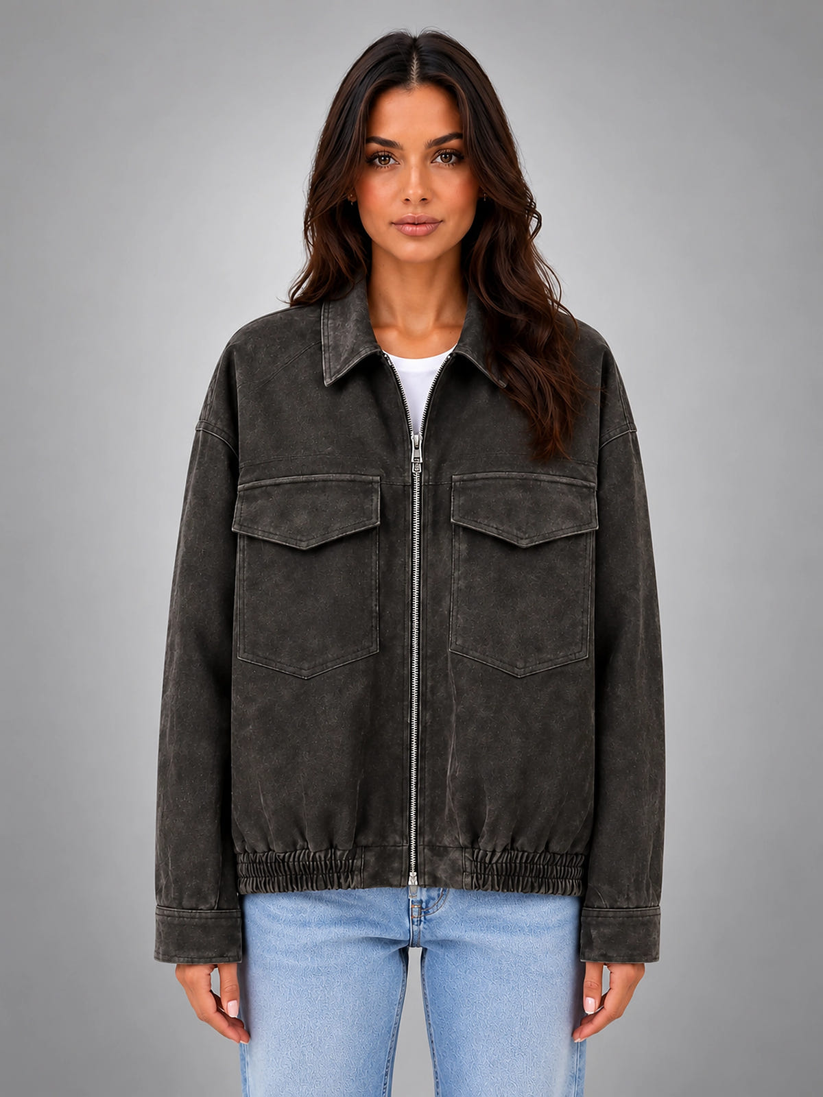 Women's Faux Suede Field Jacket – Relaxed Utility Fit - Charcoal