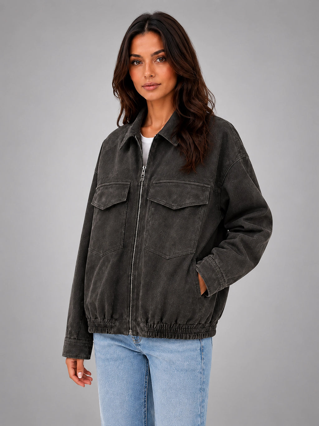 Women's Faux Suede Field Jacket – Relaxed Utility Fit - Charcoal