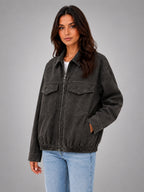 Women's Faux Suede Field Jacket – Relaxed Utility Fit - Charcoal