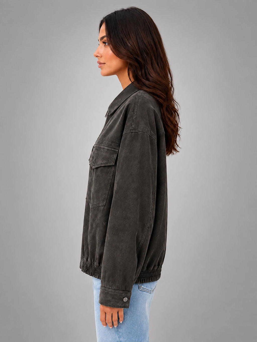Women's Faux Suede Field Jacket – Relaxed Utility Fit - Charcoal