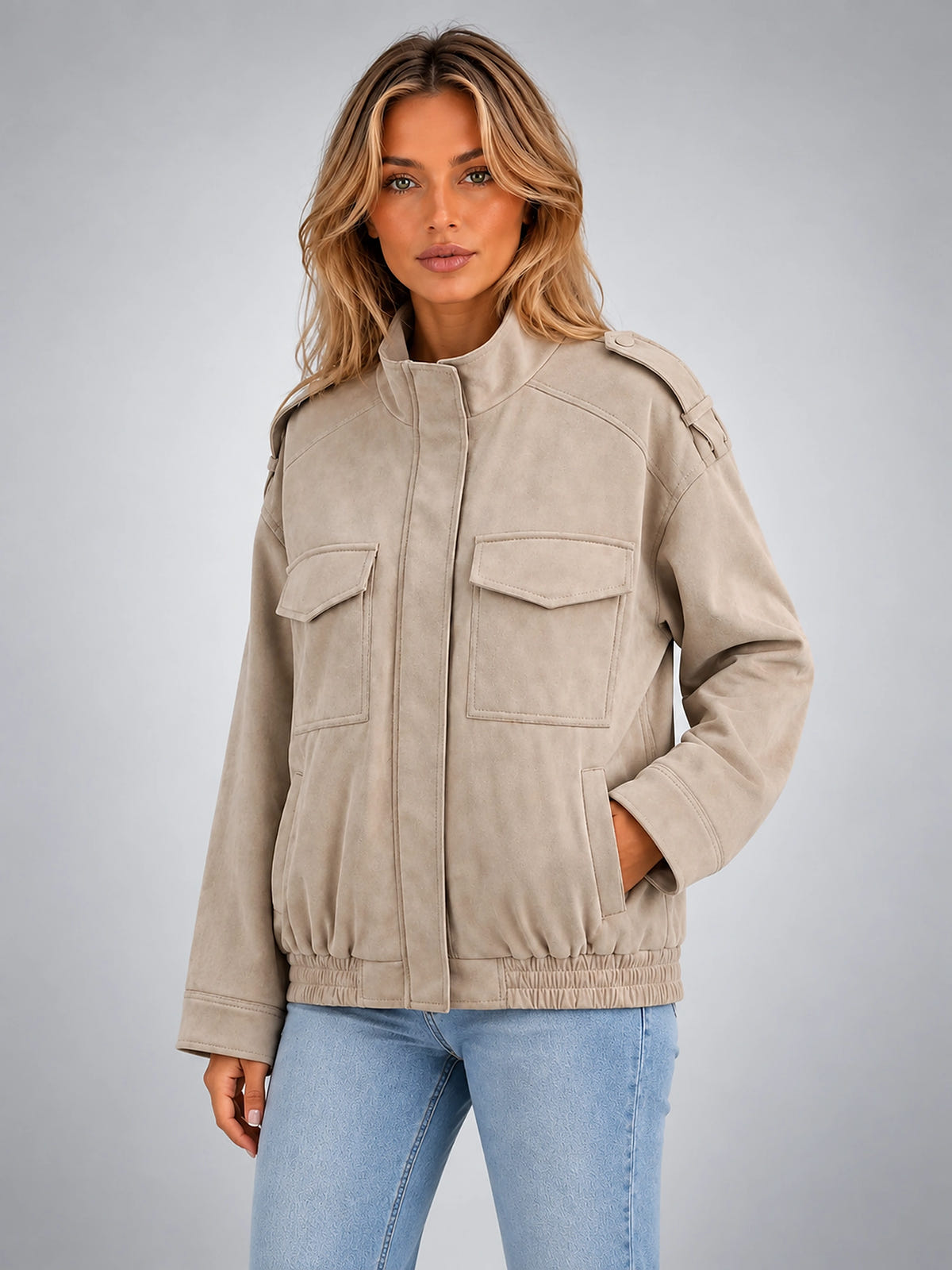 Women's Faux Suede Field Jacket – Relaxed Utility Fit - Stone