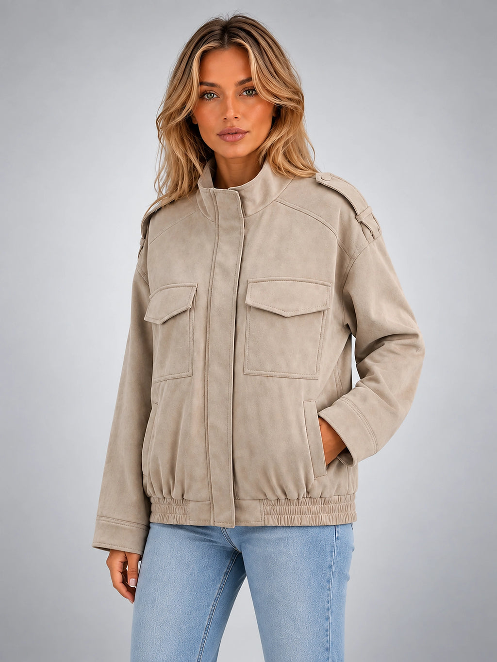Women's Faux Suede Field Jacket – Relaxed Utility Fit - Stone