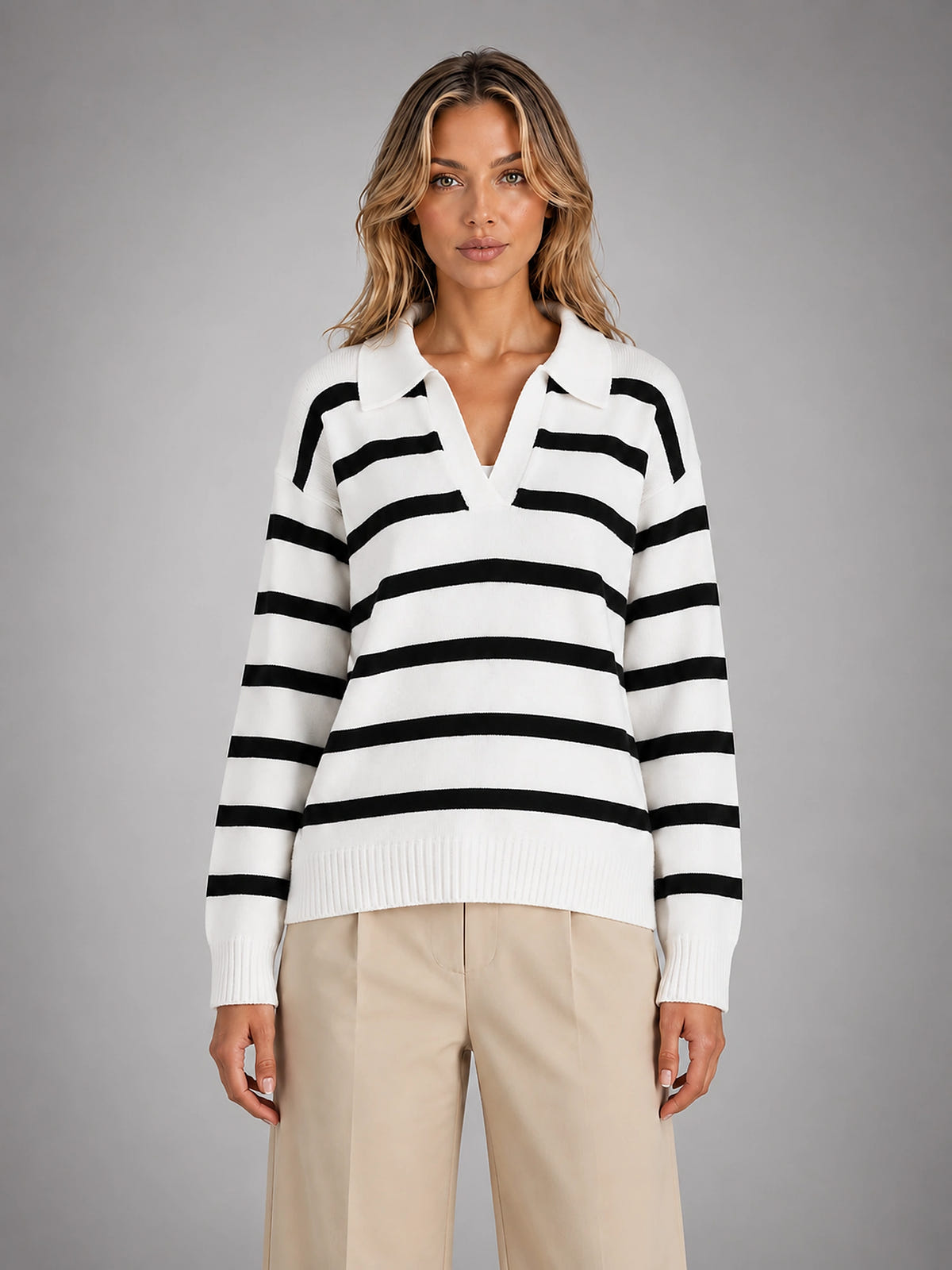 Women's Polo Collar Sweater – Contrast Horizontal Stripe - Black White