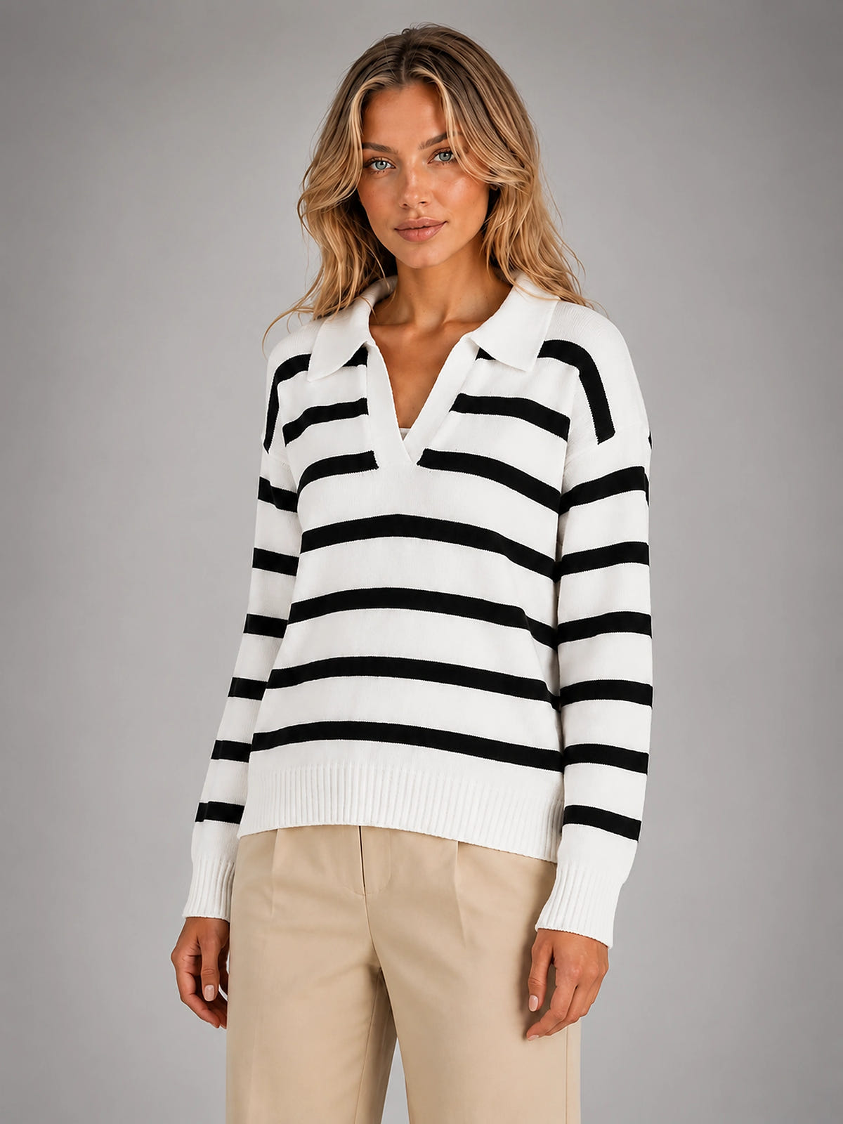 Women's Polo Collar Sweater – Contrast Horizontal Stripe - Black White
