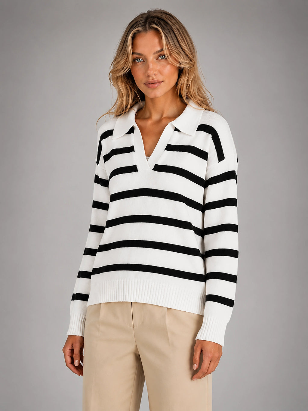 Women's Polo Collar Sweater – Contrast Horizontal Stripe - Black White
