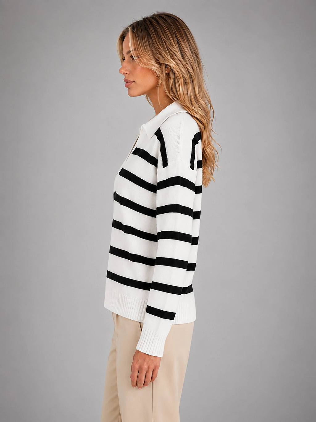 Women's Polo Collar Sweater – Contrast Horizontal Stripe - Black White