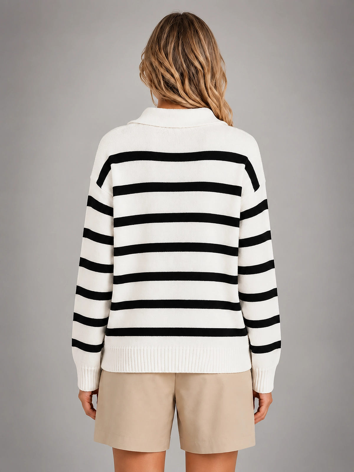 Women's Polo Collar Sweater – Contrast Horizontal Stripe - Black White