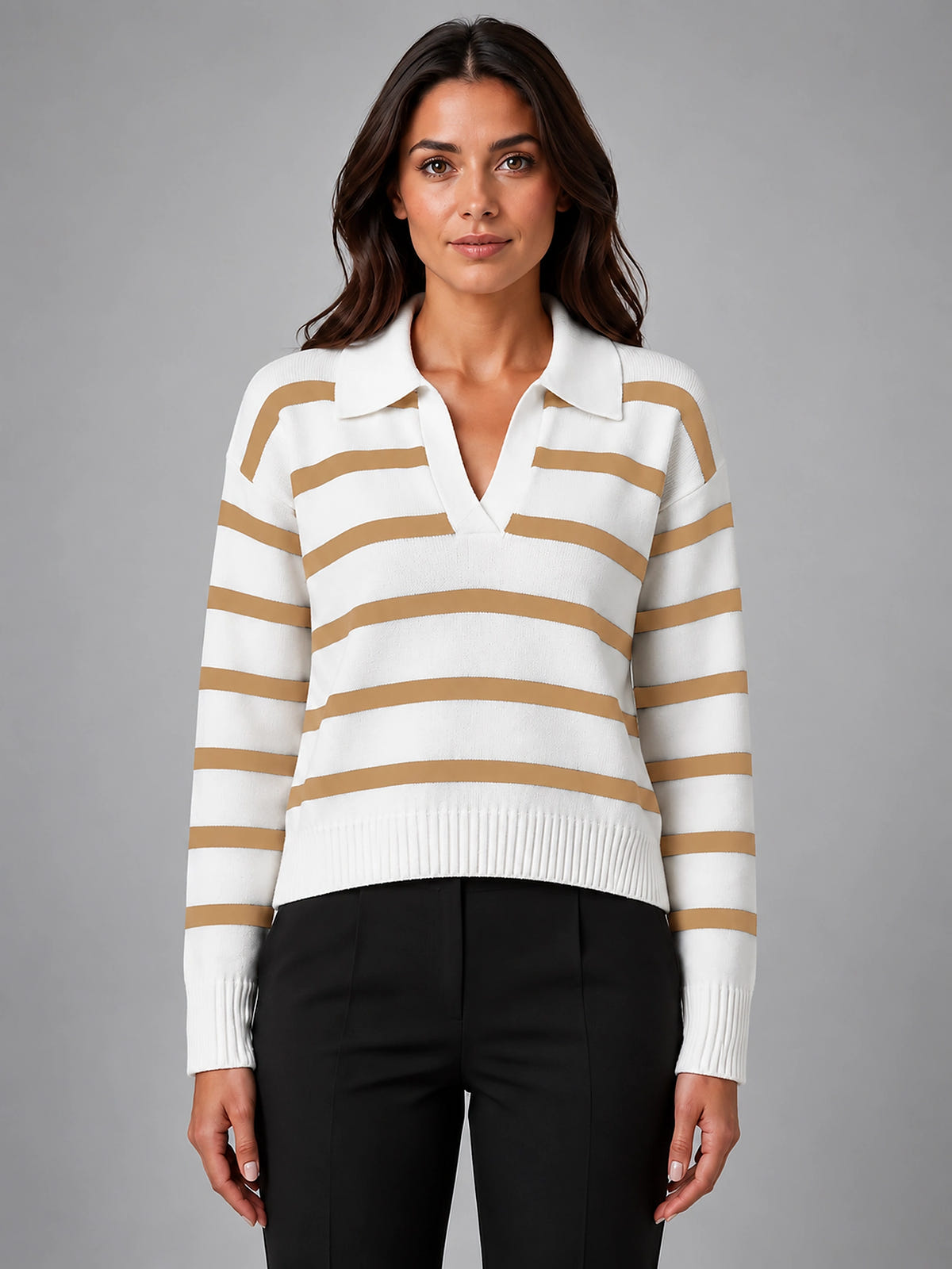 Women's Polo Collar Sweater – Contrast Horizontal Stripe - Camel White