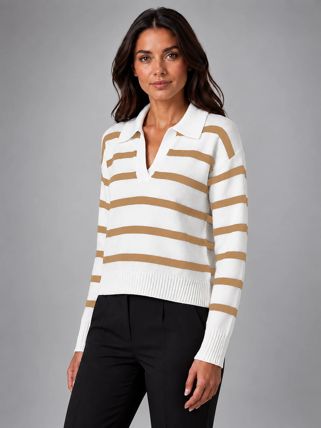 Women's Polo Collar Sweater – Contrast Horizontal Stripe - Camel White