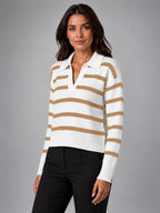 Women's Polo Collar Sweater – Contrast Horizontal Stripe - Camel White