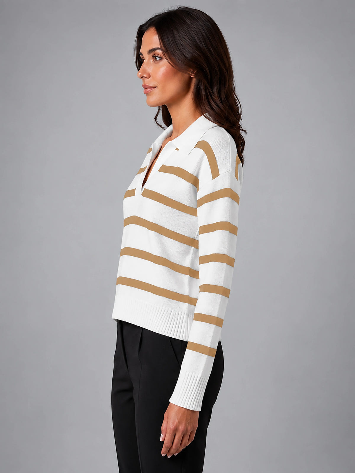 Women's Polo Collar Sweater – Contrast Horizontal Stripe - Camel White