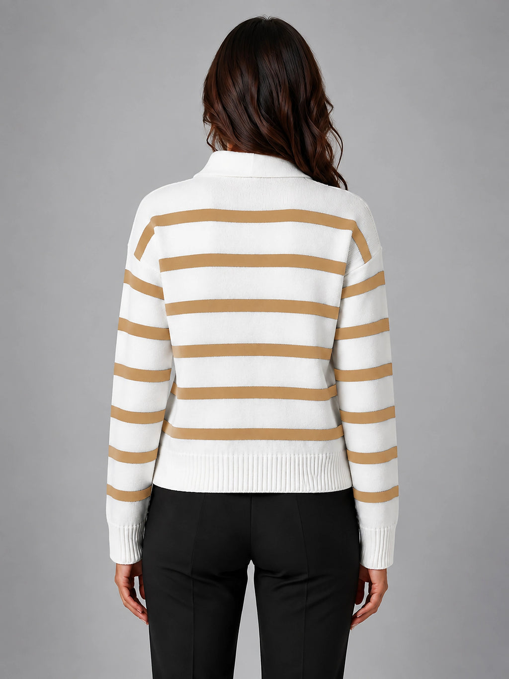 Women's Polo Collar Sweater – Contrast Horizontal Stripe - Camel White