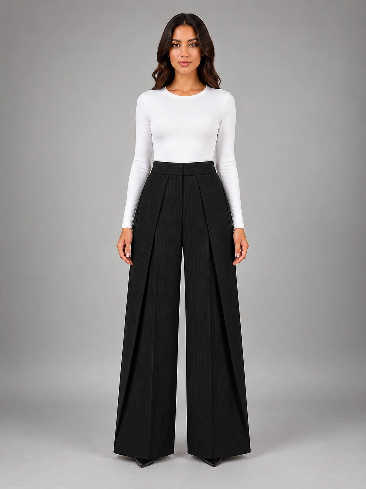 Women's Pinstripe Wide Leg Pants – Tailored Relaxed Fit - Black