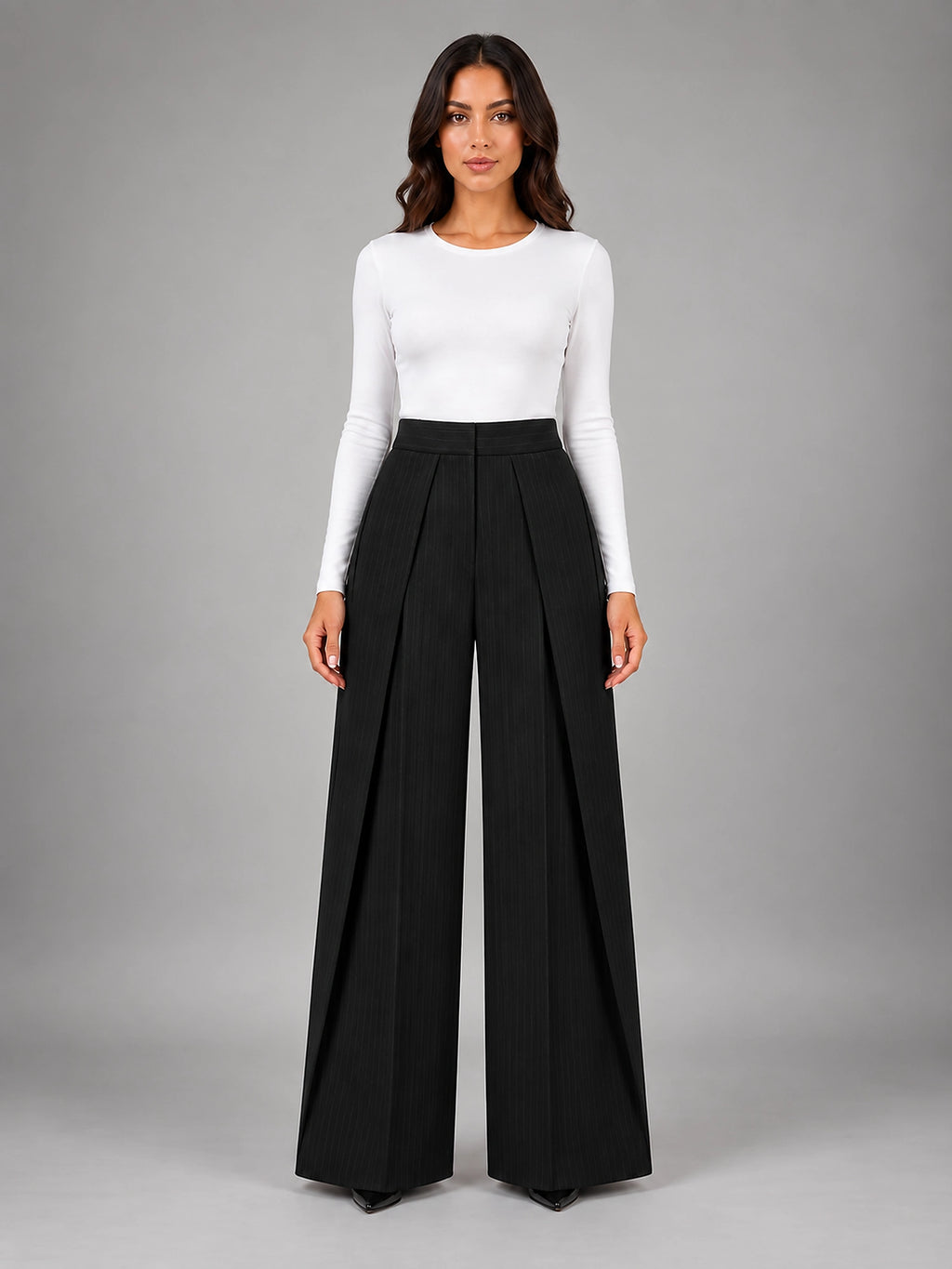 Women's Pinstripe Wide Leg Pants – Tailored Relaxed Fit - Black