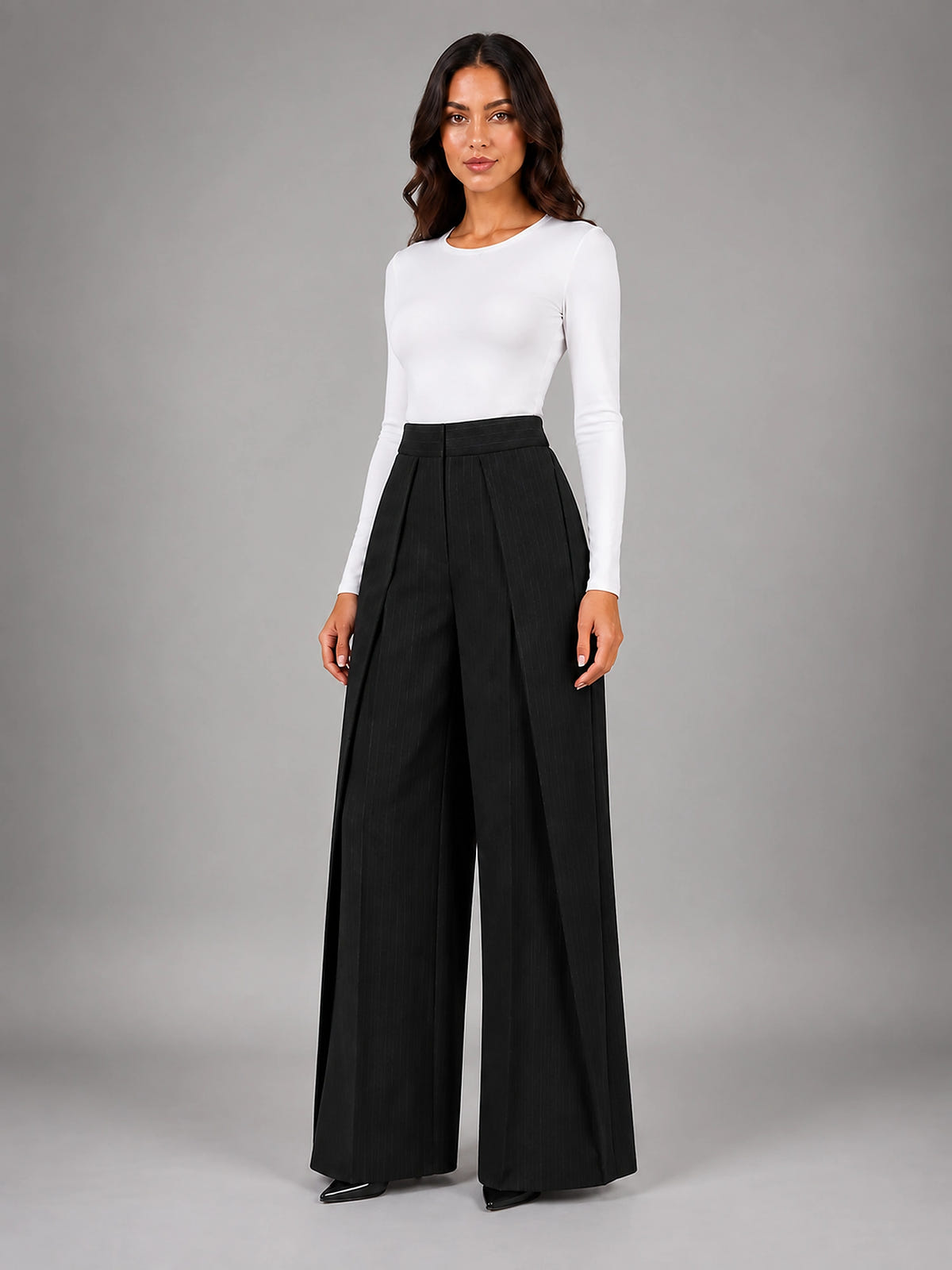 Women's Pinstripe Wide Leg Pants – Tailored Relaxed Fit - Black