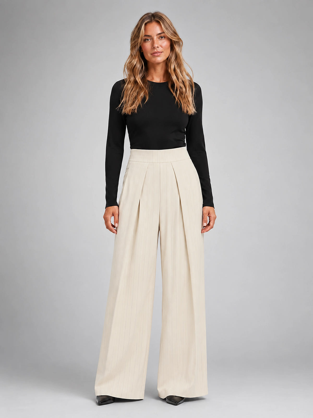 Women's Pinstripe Wide Leg Pants – Tailored Relaxed Fit - Ivory