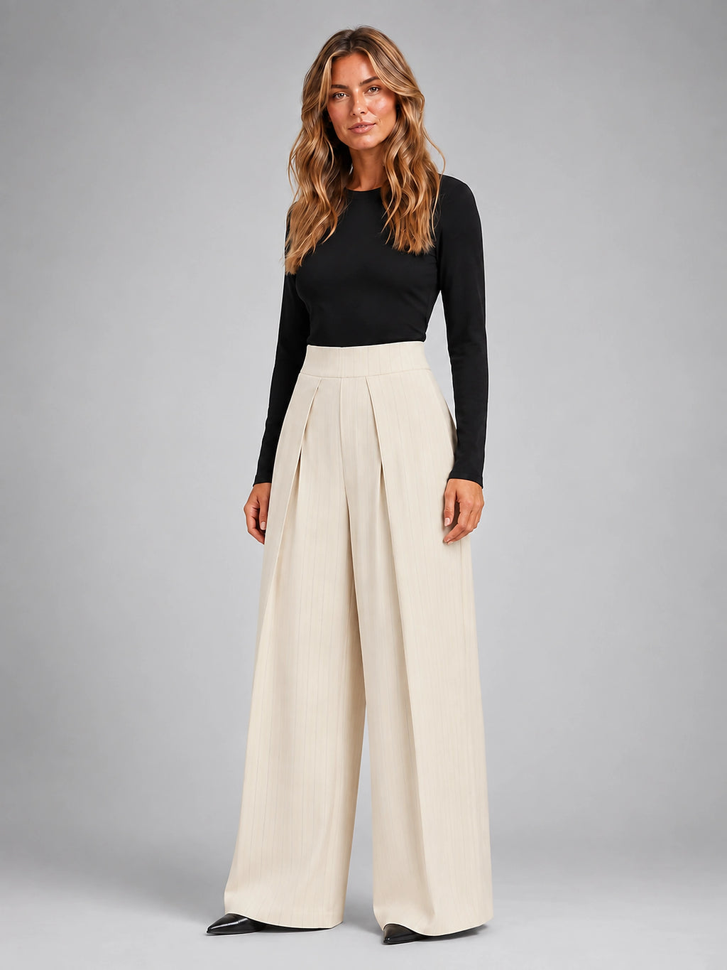 Women's Pinstripe Wide Leg Pants – Tailored Relaxed Fit - Ivory