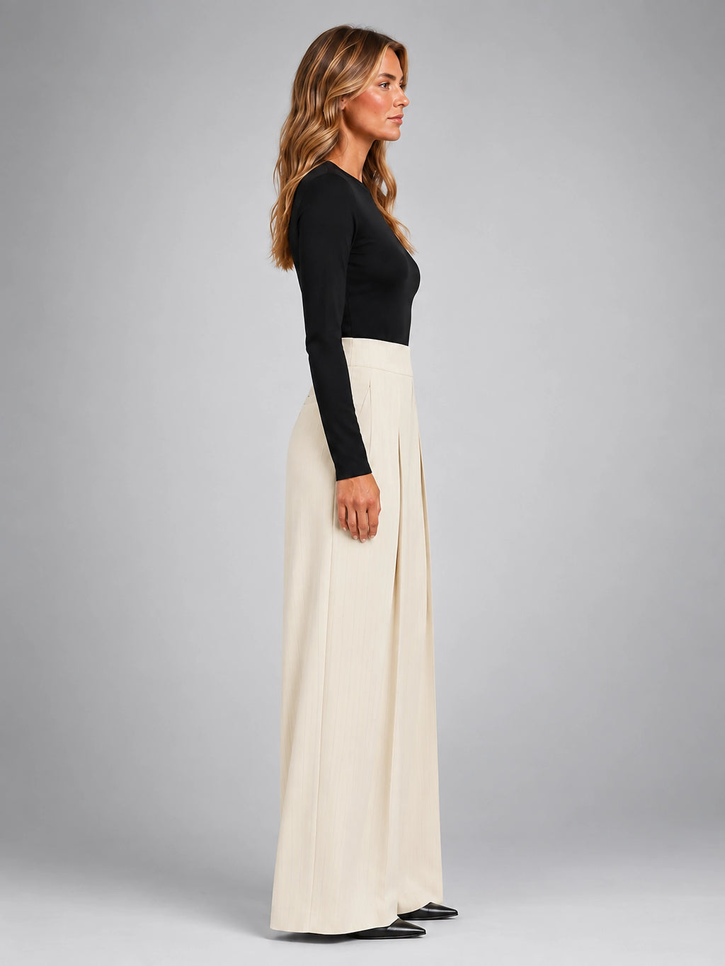 Women's Pinstripe Wide Leg Pants – Tailored Relaxed Fit - Ivory