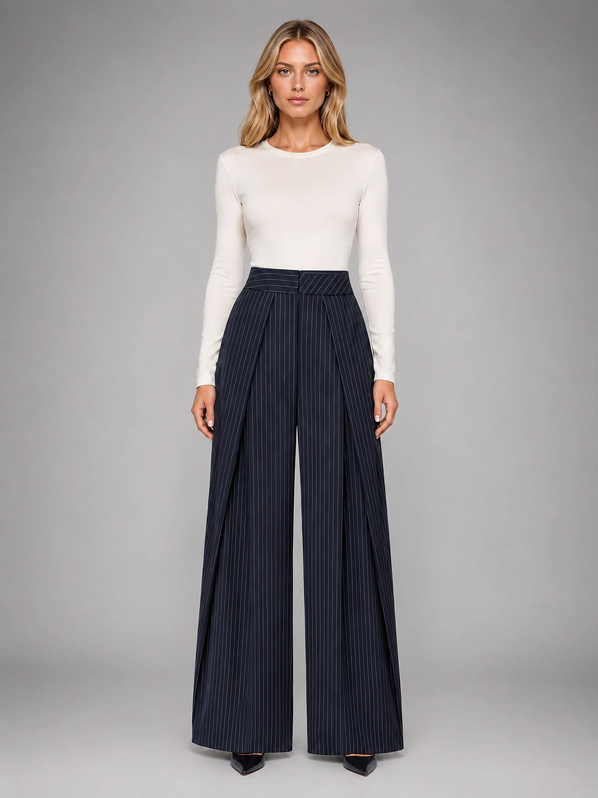 Women's Pinstripe Wide Leg Pants – Tailored Relaxed Fit - Navy
