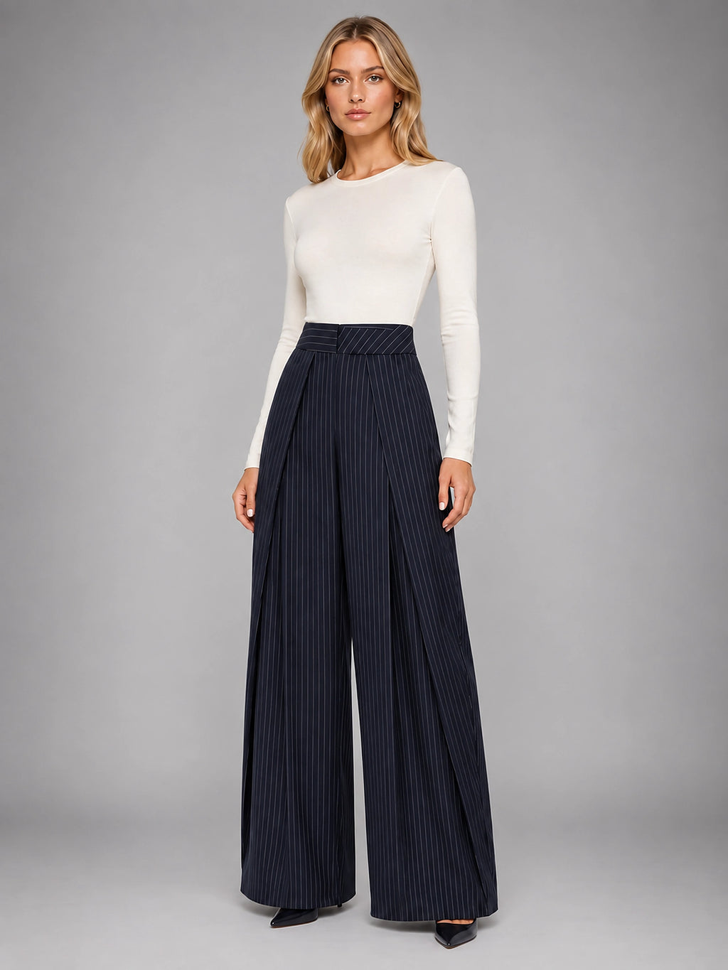 Women's Pinstripe Wide Leg Pants – Tailored Relaxed Fit - Navy