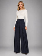 Women's Pinstripe Wide Leg Pants – Tailored Relaxed Fit - Navy