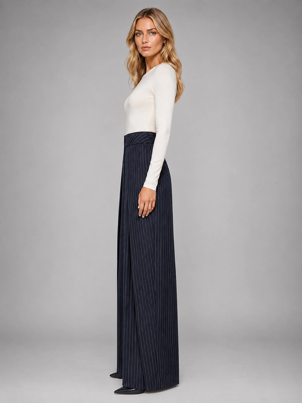 Women's Pinstripe Wide Leg Pants – Tailored Relaxed Fit - Navy