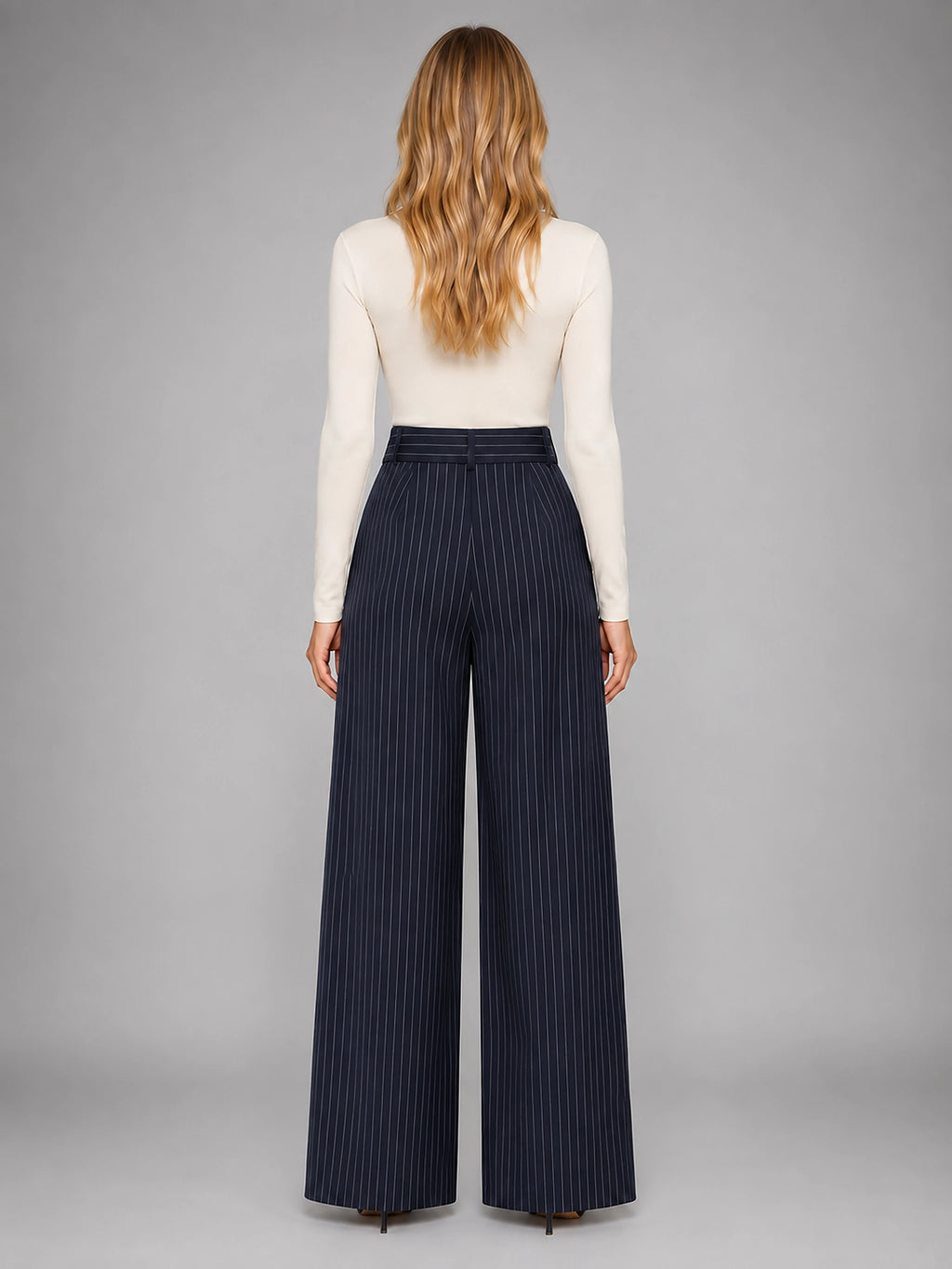 Women's Pinstripe Wide Leg Pants – Tailored Relaxed Fit - Navy